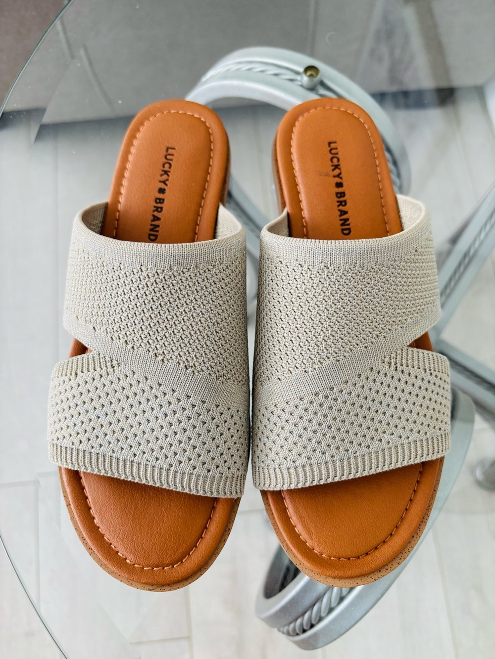 Lucky Brand Beige Knit Slide Mules with Tan Footbed